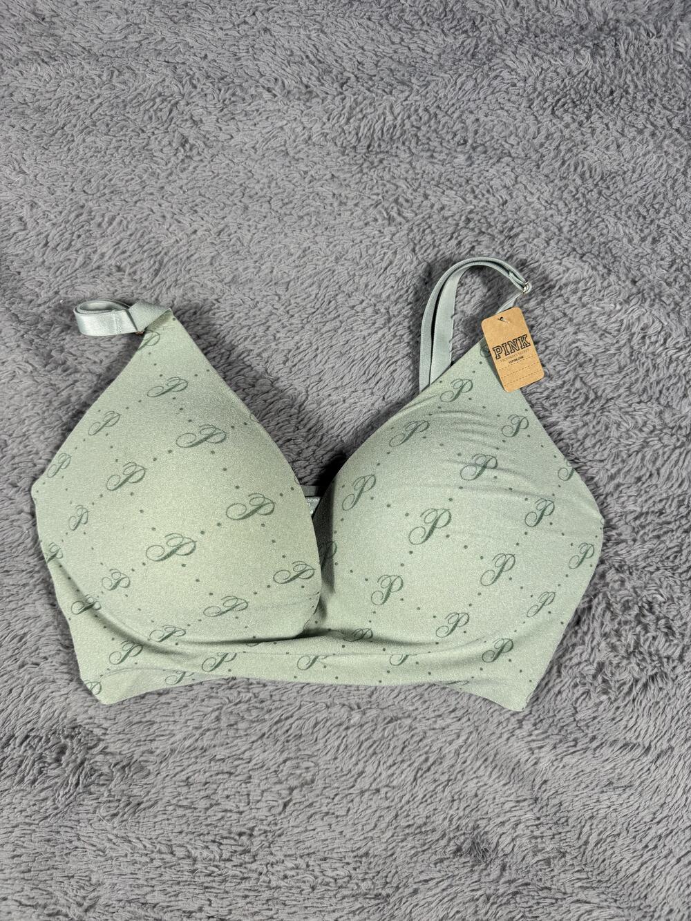PINK Bralette Womens S-DD Green Logo Print Padded Wireless Pullover Bra